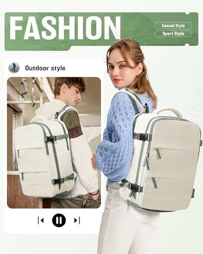 Image of Vacuum Backpack Travel with Pump for Women,Flight Approved 18x14x8 inches,Travel Backpack with Vacuum System,15.6 Inches Laptop Bag,Rice White with Green