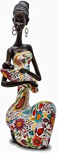 Statue African Figurine Sculpture Colorful Dress Holding Baby Lady Figurine Statue Home Decor Collectible Art 15.5" Inches Tall - Flower Dress Tropical Decorative Black Figurines