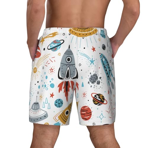 Men's Cartoon Rockets Print Quick-Dry Mesh Swim Trunks Stretch Lining Beach Shorts Surfing Summer Vacations White3