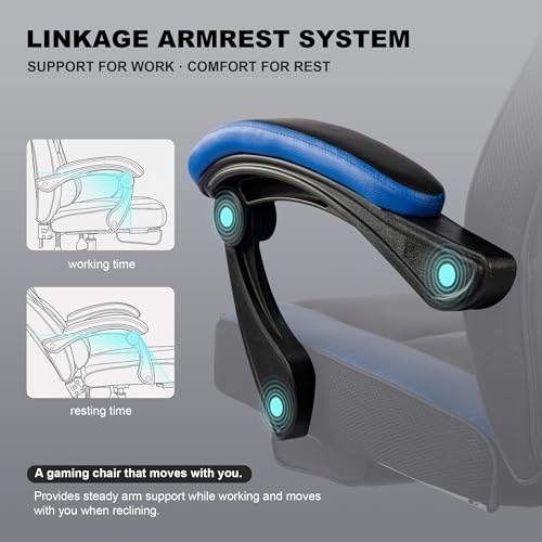 Image of Ergonomic Big and Tall Gaming Chair 400lbs Heavy Duty Computer Office Desk Chair with Footrest, Comfortable Pocket Spring Cushion & Linkage Armrests for Adults Blue