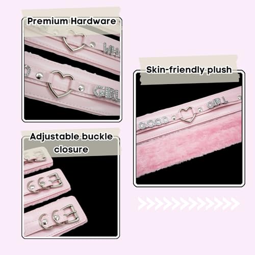 Pink Furry Heart O-ring Leather Choker Collar For Women, Handmade Punk Gothic Letter Necklace Adjustable Fashion Jewerly4