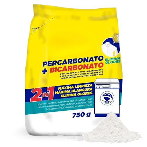 Percarbonato + Bicarbonato blanqueador, Percabonato Sódico, Apto para el lavado de ropa tanto blanca como de color, alarga la vida de su lavadora, Elimina Manchas Difíciles y Olores, 750 gramos, 1 ud