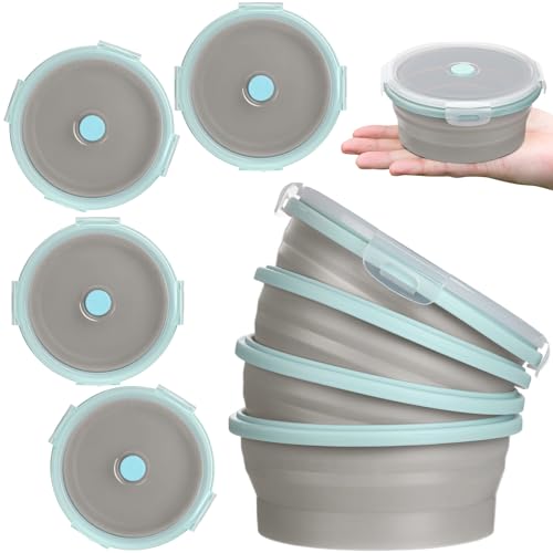 Suclain 4 Pcs Collapsible Bowls with Lids Silicone Camping Food Storage Container Expandable Folding Salad Lunch Box Travel Container for Hiking Camping(Blue Rim Gray,12 oz)