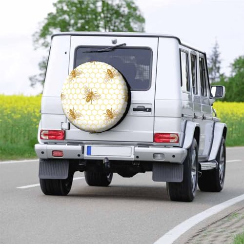 Image of Bee Honeycomb Spare Tire Cover for RV Trailer Golden Bees in The Honeycomb Wheel Protectors Weatherproof Polyester Tire Case for All Cars SUV Camper Travel 15 inch, STC161