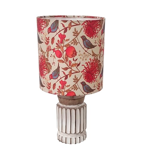 Image of Homesake Retro Farmhouse LED Table Lamp for Living Room Bedroom Rustic Linen Bedside Nightstand Lamps for Kids Room Study Office Wood Night Lamp, Carved Cylinder, (Bird)