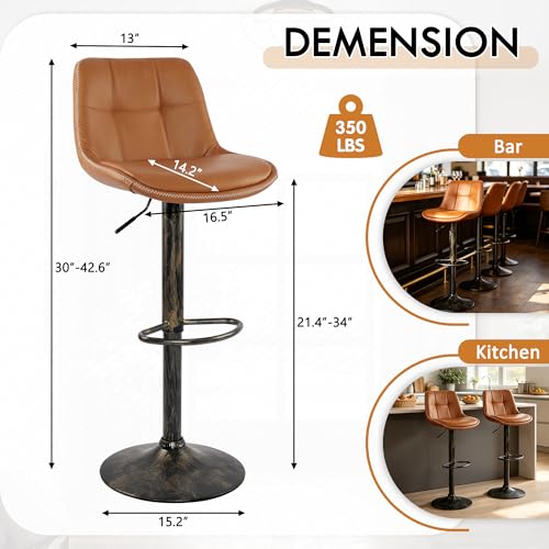 LSSPAID Set de 2 Butacos Ajustables con Giratorio 360°, Respaldo, Asiento en Cuero PU, Base de Metal con Acabado Antiguo Cepillado, Color Marrón miniatura 2