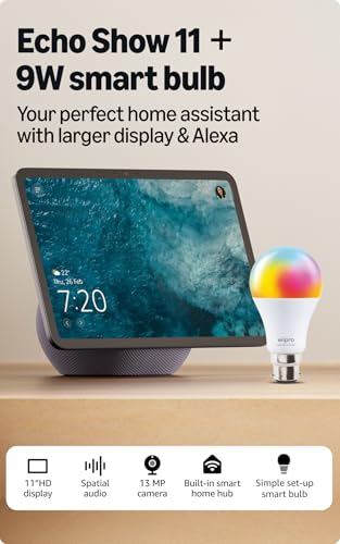 Image of Amazon Echo Show 11 (newest model), vibrant 11 inch Full HD display with spatial audio & Alexa, new sleek design, Graphite, combo with wipro 9W smart bulb