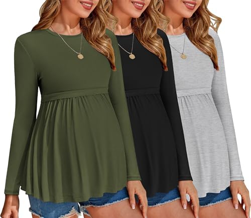 Ekouaer Maternity Clothes 3 Packs Long Sleeve Shirts Pleated Tunic Casual Pregnancy Tops Black/Green/Light Grey M