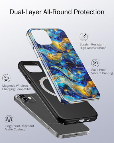 Image of Goodon for iPhone 12 Mini Case Cute - Wireless Charging Compatible - Dual-Layer Hard Shell + Silicone Cover - Protective Phone Case with Trendy Designs for Women - Abstract Bule Gold Water