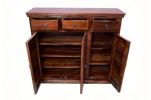 Image of Solid Sheesham Wood Multipurpose Shoe Rack | Cabinet Drawer for Living Room | Bedroom | Hall | Entryway | Home Furniture (Honey Finish)