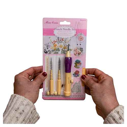 Mina Carin Punch Needle Set – Stickstift mit 3 Nadeln & 2 Einfädelhilfen – verstellbare Stanznadel für Anfänger:innen & Fortgeschrittene – DIY Stickerei Set für Garn & Wolle