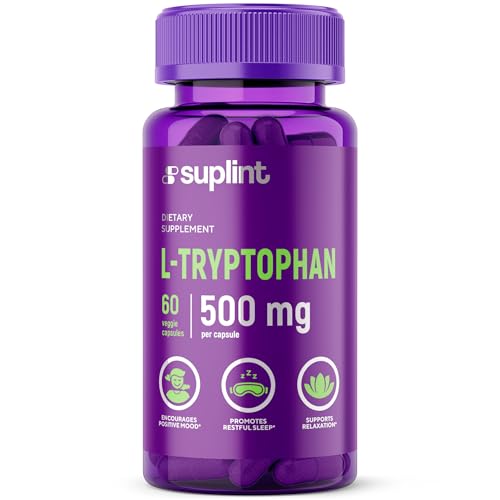 Suplemento de L-triptófano 500 MG | Para la relajación, el estado de ánimo y el sueño | Complejo diario de alivio del estrés para mujeres y hombres | Sin OGM, sin gluten, vegano | 60 cápsulas