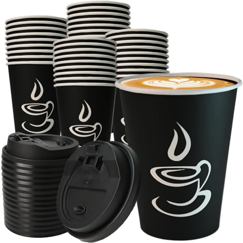 TreeMVI-50 Pack 12oz Coffee Cups with Lids: Disposable Black Coffee Cup Sturdy to Go Leak-Proof Paper Containers Set for Hot and Cold Beverage, Home, Office, Party TreeMVI-50 Pack 12oz Coffee Cups with Lids: Disposable Black Coffee Cup Sturdy to Go Leak-Proof Paper Containers Set for Hot and Cold Beverage, Home, Office, Party