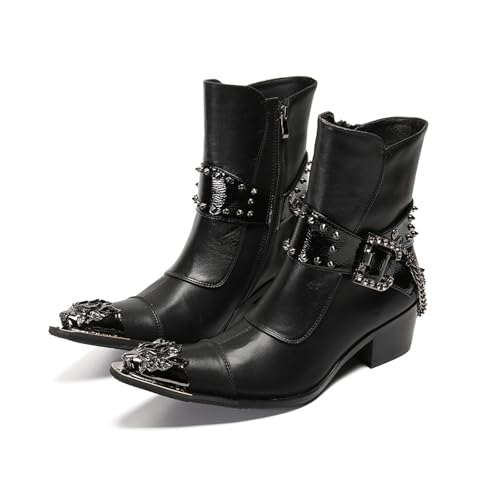 Fashion Side Zipper Ankle Boots for Women, Casual Rivet Personalized Short Boots, Handcrafted Genuine Leather Cowboy Boots with Chain,7.5,Black