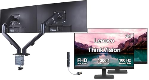 Image of Lenovo ThinkVision 24 inch FHD IPS Monitor w / 100 Hz Refresh Rate, VESA Mount | 4ms Response Time, Flicker Free, Anti-Glare, HDMI w / DKZ Hub, Black 2 Pack & ErgoFlexy Dual Mount Arm