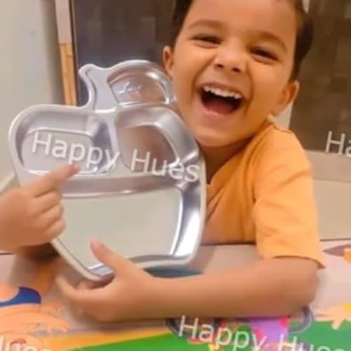 Image of Happy Hues Stainless Steel Divided Meal Plate Tray-3 Compartments Dinner Dish for Baby (Apple)