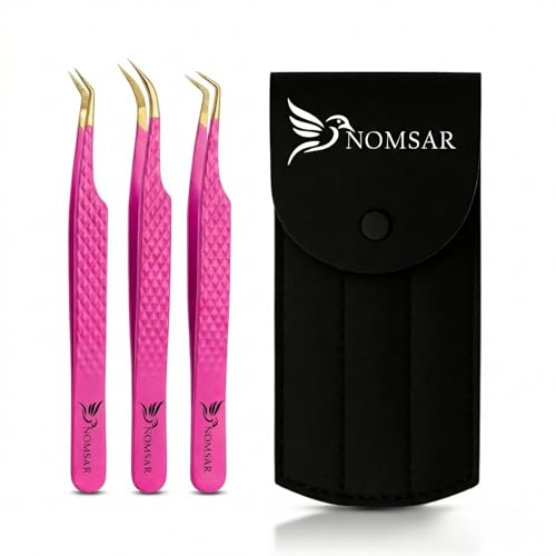 NOMSAR Lash Extension Tweezers Set Fiber Tip lash Tweezers with Diamond Grip | Stainless Steel Eyelash Extension Tweezers for Volume & Isolation | Lash Tweezers for Lash Artists (Pink)