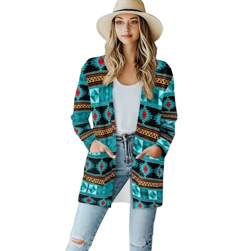 Image of Women's Aztec Open-Front Jacket Lightweight Casual Outerwear Native Western Aztec Pattern & Plaid Houndstooth Print