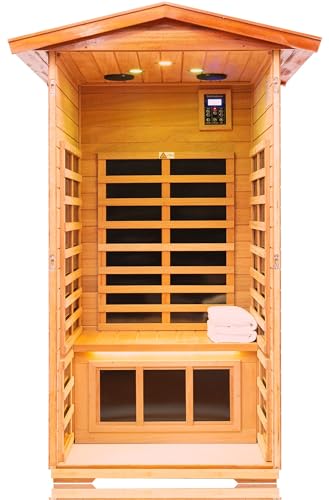 Image of LTCCDSS Mahogany Outdoor Sauna 1 Person, Ultra-Low EMF Far Infrared Sauna for Home, Chromotherapy, Bluetooth Speaker