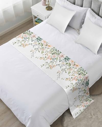 Green Eucalyptus Leaves Bed Runner for King Size, Spring Floral Rustic Botanical Bedspread Protector Slipcover Bed Scarf for Foot Runners & Scarves for Bedroom Hotel Wedding Room 102x20 Inches
