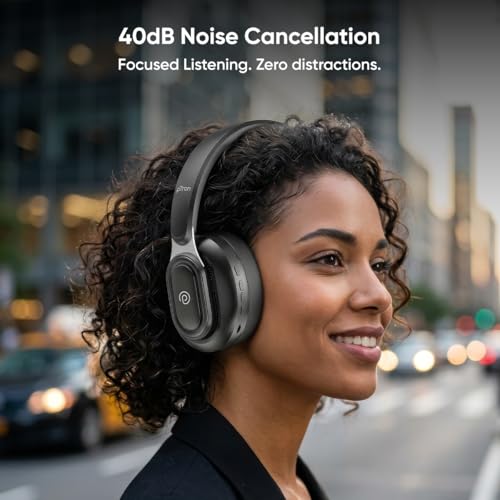 Image of pTron Studio Urban V2, 40dB ANC Wireless Over-Ear Headphones, 65Hrs Playtime, Dual-device Pairing, 40mm Bass Drivers, TruTalk AI-ENC Calls, Custom EQ, 3.5mm Aux, Bluetooth v6.0, Type C Charging (Onyx)