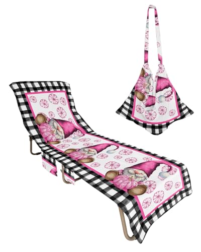 Funny Gnomes, Beach Lounge Chair Towel Cover, Soft Chaise Lounge Towel with Side Pockets Patio Pool Chairs Cover for Beach/Pool Sunbathing 29x85 Thanksgiving Fall Pink Autumn Pumpkin Plaid