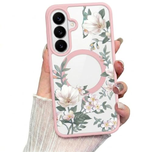 Image of VONZEE Compatible with Samsung Galaxy S26 5G Case Luxury Retro Flowers Floral Clear for Magnetic Wireless Charging Case Shockproof PC+TPU Cute Glossy Shiny Cover for Girls Women, Pink