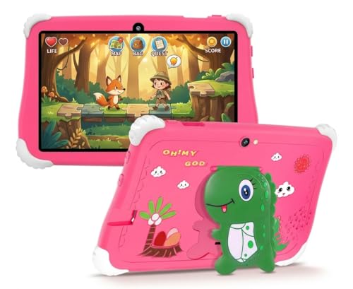 Tablet Infantil Dinossauro Kids Tela 7" 4GB RAM 64GB Android 13 Wi-Fi Bluetooth Bateria 3000mAh Câmera, com Capa Anti-queda para Jogos, Entretenimento, Diversão (Rosa)