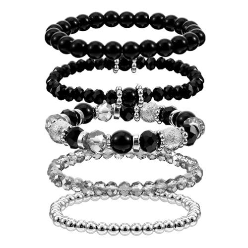Ouligay 5 PCS Black Beaded Bracelets for Women Men Stackable Bracelet Gothic Crystal Bead Bracelets Stretch Layering Bracelet Anxiety Stress Relief Jewelry Gifts