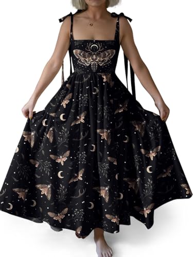Womens Death Head Moth Print Gothic Maxi Dress Flowy Vacation Dating Sundress (US Alpha Medium Regular Regular Black)