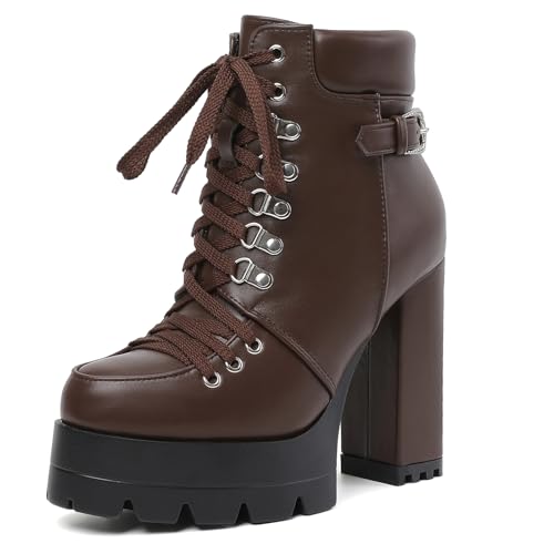 Image of Susanny Sexy High Heels for Women Boots Round Toe Platform Booties Lace Up Suede Side Zipper Ankle Bootie
