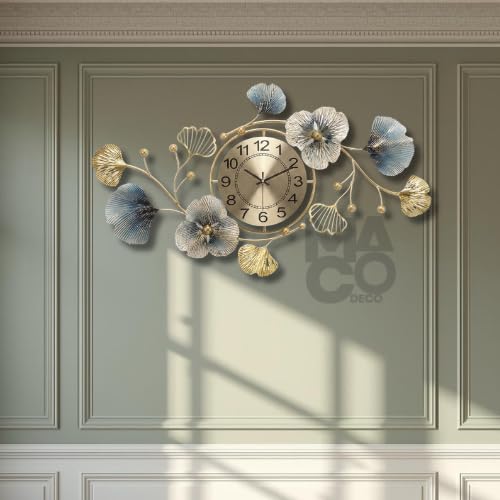 Image of Decorative Metal Floral Wall Clock for Hall with Gold Tone Round Face, Sculpted Blue Leaves, Quiet Analog Wall Clock for Bed Room Luxury Home Decor Accent