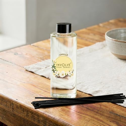 Image of Involve Vanilla Reed Diffuser Refill with Free 10 Reed Sticks - 120 ml | Long-Lasting Home Aroma Diffuser for Living Room, Bedroom & Gifting | Home Decor | Home Fragrance | Diffuser for Home
