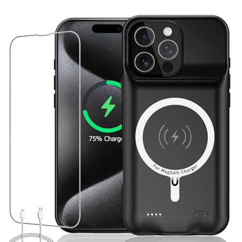 Battery Case for iPhone 15 Pro Max, Full Encircle 12000mAh Capacity Rechargeable Portable Charger Case Extended Battery Pack for iPhone 15 Pro Max(6.7 inch) Wireless Charging Case with Carplay-Black