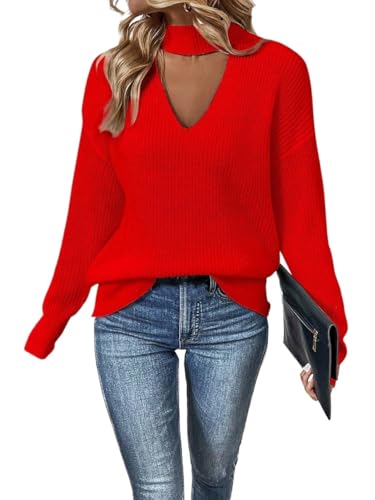 Women Pullover Rib-Knit Long Sleeve Sweater Choker Neck Drop Shoulder Sweaters Clothes Tops