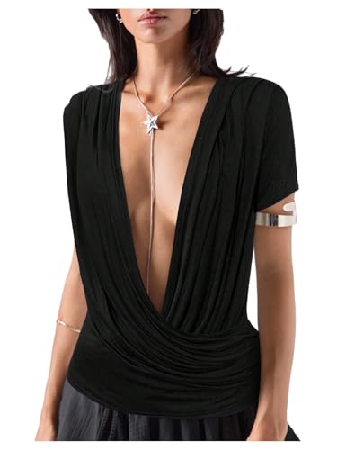 SOLY HUX Womens Short Sleeve Deep V Neck T Shirts Plain Black