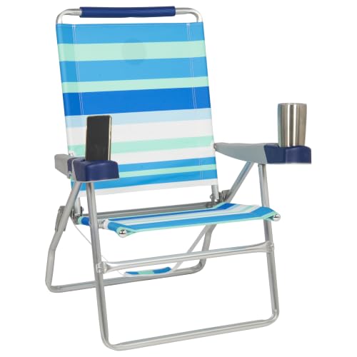 Image of Rio Brands 4-Position Extended-Height Beach Chair, Blue /Green /White, 2-Pack | 15 in Seat Height, Cushioned Headrest, Cup Holder, Cell Phone Slot, Bottle Opener, Carry Strap, Aluminum Frame, Foldable