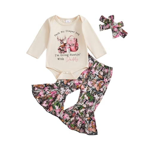 Newborn Baby Girl Hunting Clothes Deer Romper Jungle Camo Flare Pants Set Headband 3Pcs Infant Fall Winter Outfits