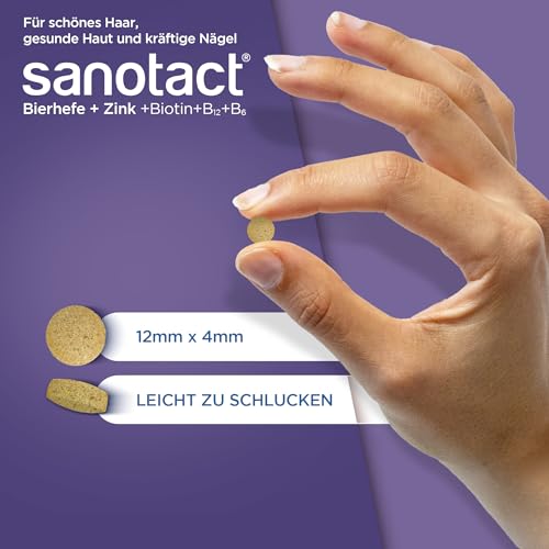 Sanotact Bierhefe + Zink Tabletten – 180 Stück | Für Haut, Haare & Nägel | Vitamin-Komplex mit Bierhefe, Zink, Biotin, Vitamin B12, B6 & Vitamin C | 100% Vegan