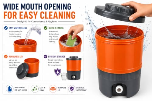 Image of Plastic Water Jug | Food Grade | Insulated Water jug Cool Chilled Water Camper jar (Grey & Orange, 15 litres)