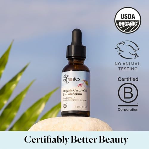 Sky Organics Organic Castor Oil Eyelash & Brow Serum, Hexane-Free Conditioning Oil that Promotes Fuller Looking Lashes & Eye Brows, 100% Pure & Cold-Pressed 1 fl. Oz. / 30 ml