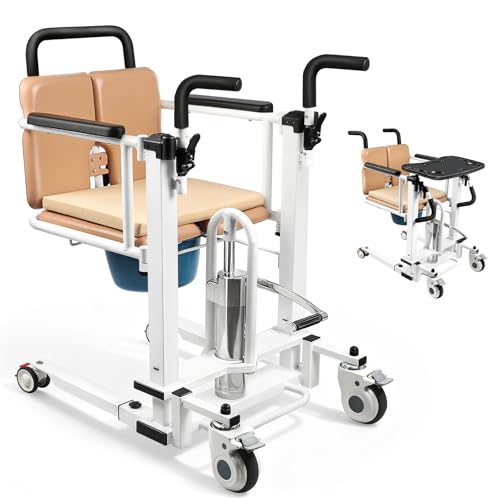 Image of Patient Lift Transfer Chair, 6 in 1 Patient Lift Chair with 180Split Seat for Home, Height Adjustable Portable Lift Nursing Chair with 4 Casters, Commode & Seat Cushion for Seniors Elderly, Orange