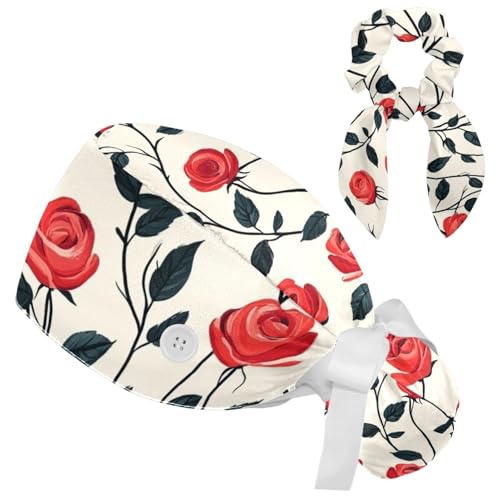 Image of Red Blooming Rose Flowers Black Working Cap with Scrunchy and Ribbon Tie for Women, Long Hair