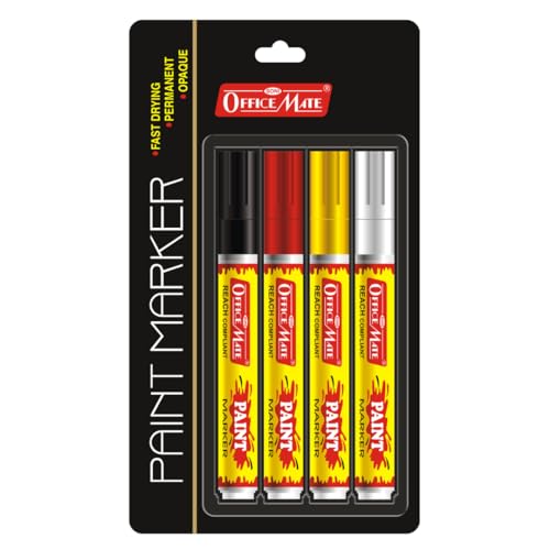 Image of Soni Officemate Regular Paint Marker | Pack of 4 (Mix) | Multi-Surface, Oil-Based, Non-Toxic Ink | 4.5 mm Bullet Tip | Ideal for Crafts, Industry & Projects