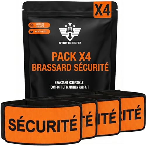 Pack x4 Brassard Sécurité - Brassard Agent de Surete Réfléchissant Fluo Orange avec Scratch - Fluorescent Haute Visibilité pour Staff, Sécurité Privée,...