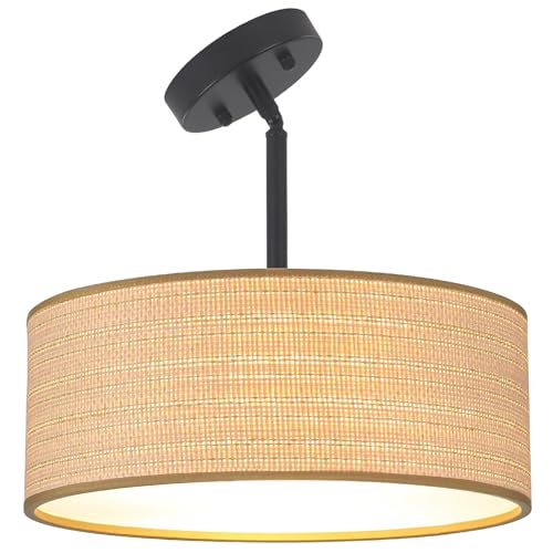 Heircido Rattan Sloped Ceiling Light Fixture, 13' Woven Boho Semi Flush Mount Lights with Drum Fabric Shade, Lighting for Bedroom, Dining Room, Living Room, Hallway, Entryway