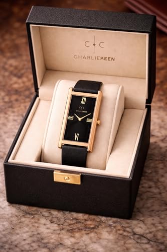 Image of CHARLIEKEEN Rectangular Wristwatch, Black Dial with Rose Gold Roman Numerals, Silicone Strap, Elegant Style