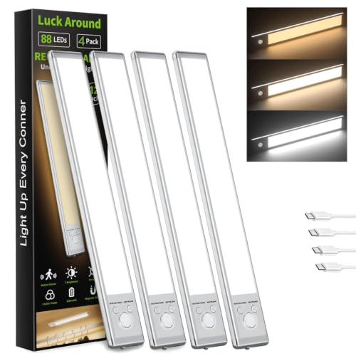 Image of LUCK AROUND 4 Pack Under Cabinet Lighting, Motion Sensor Light, 12-Inch Rechargeable LED, Battery Powered White