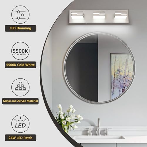 Image of LED Modern Bathroom Vanity Light Fixtures 3-Light, 19 inch Dimmable Nickel Vanity Lights for Bathroom Lighting Fixtures Over Mirror, with 350Rotatable Acrylic Heads(White Light 5500K)