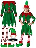 FancyFun 6 Pack Christmas Kids Elf Costume, Girls Christmas Elf Costume Velvet Dress Cosplay Outfit Belt Socks Ears Hat Shoes